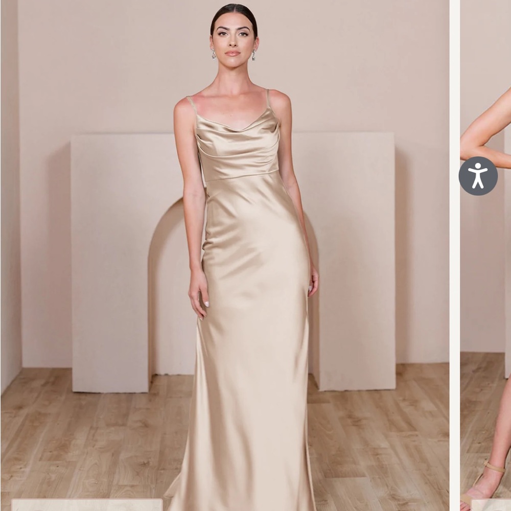 Revelry size 4 skye satin in gold champagne.